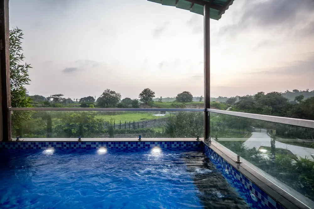 The pool, looking out over the fields